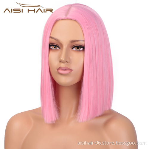 Aisi Hair Synthetic Heat Resistant Wigs For White Black Women Short Straight Pink Bob Middle Part Shoulder Length Hair Wigs